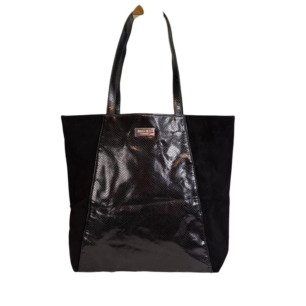 Jimmy Choo Parfums Tote Shoulder Handbag Black Animal Print Leather Suede Trim